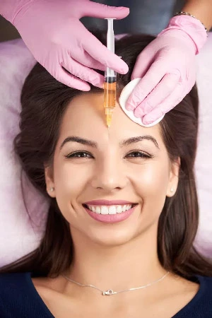 Smiling woman getting injection for female forehead face in the cosmetology salon. Doctor in medical gloves and mask with syringe injects cheeks drug. Close-up